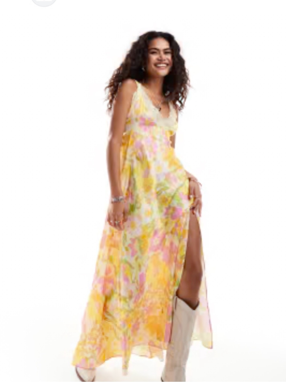 Free People All a Bloom Maxi Floral Satin Slip Dress with Slit - Yellow & Pink